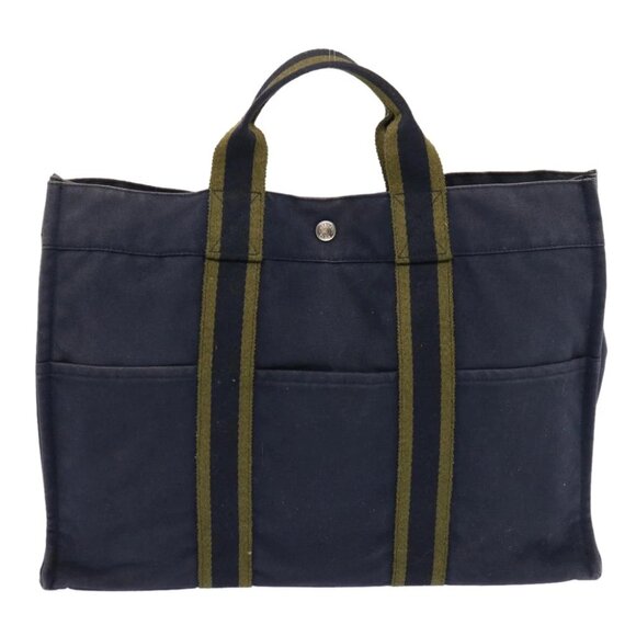 HERMES Fourre Tout MM Hand Bag Canvas Navy Khaki Auth ti1603 - Picture 1 of 14